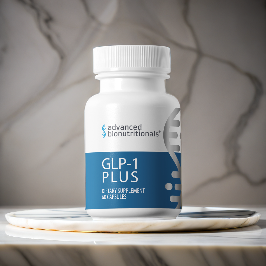 GLP-1 Plus bottle on a marble stand