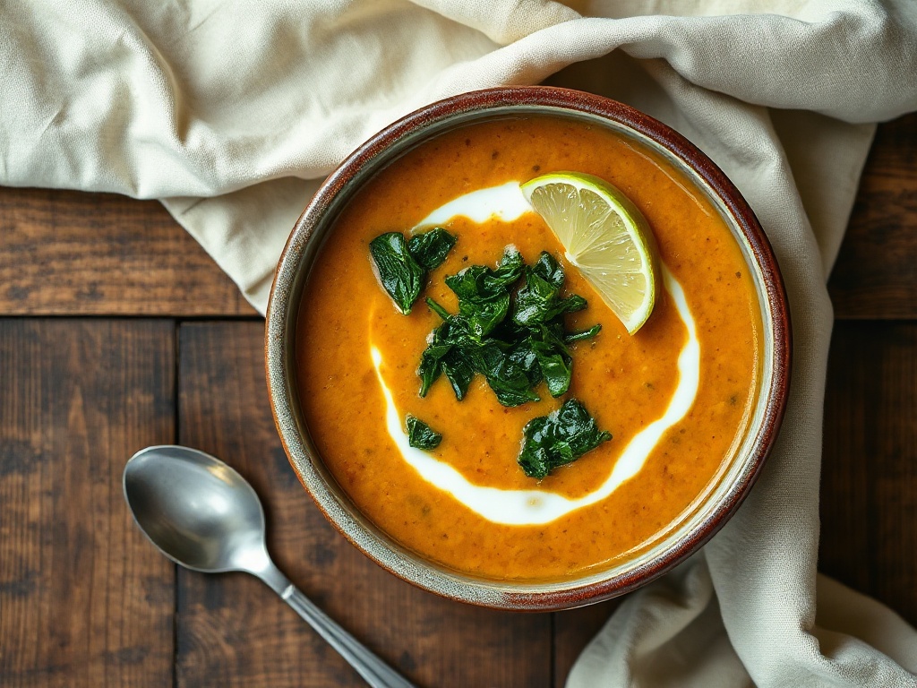 Coconut Red Lentil Soup with Spinach and Lime