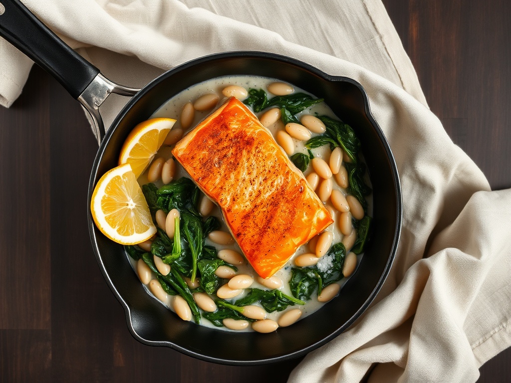 Seared Salmon with Garlicky White Beans and Spinach